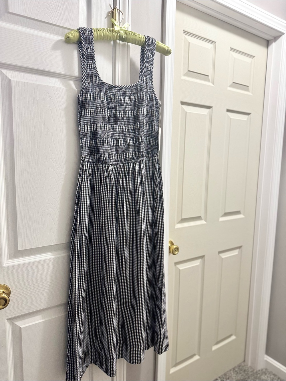 Gingham Smocked Midi Dress in Black and White